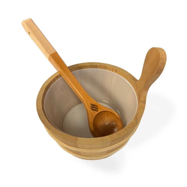 top view of cedar bucket with cedar ladle