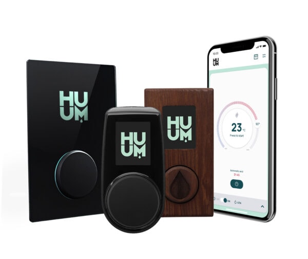 Group of huum glass control, wooden control, and mobile app