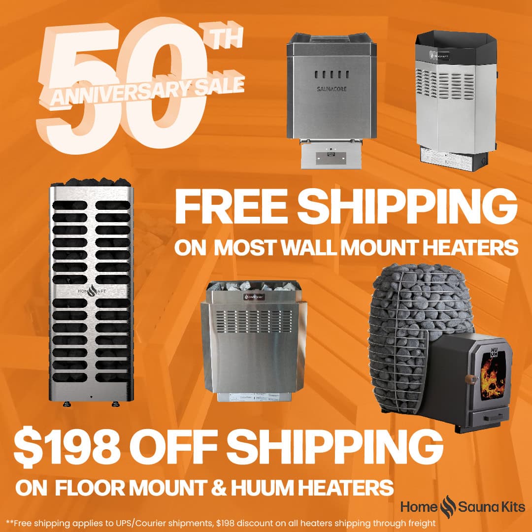 50th Anniversary Sale. Free shipping on most wall mount heaters. $198 off shipping on floor mount and huum heaters. Free shipping applies to UPS/Courier shipments, $198 discount on all heaters shipping through freight. Images of various sauna heaters, wood burning and electric shown on orange background