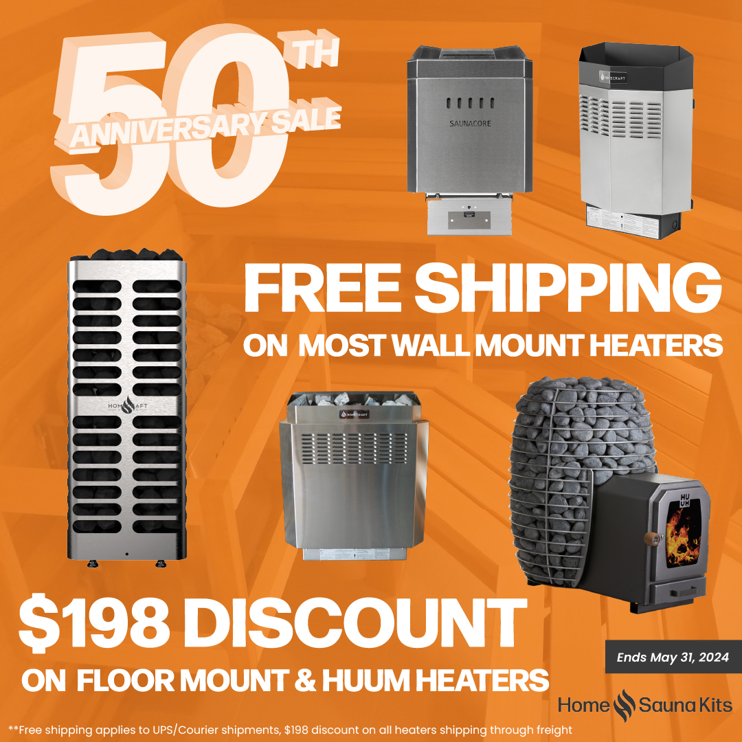 50th anniversary sale. Free shipping on most wall mount heaters. $198 discount on floor mount and huum heaters. **Free shipping applies to UPS/Courier shipments, $198 discount on all heaters shipping through freight. Ends may 31, 2024.