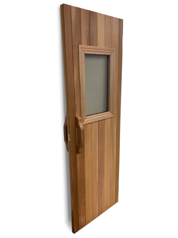 Cedar sauna door with a small window, and handles