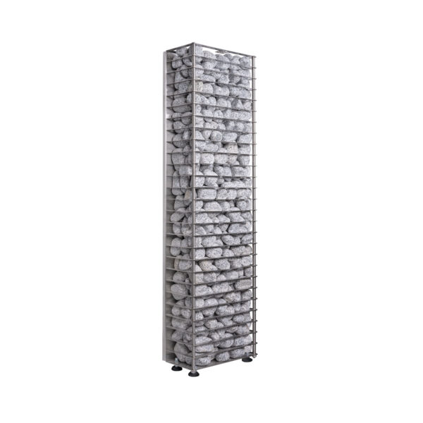 Huum Cliff heater, rectangular pillar, metal cage surrounding lots of rocks