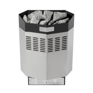 heater with rocks on top and steel nameplate