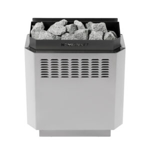 homecraft heater shown with rocks on top, vents, and homecraft logo cutout on top